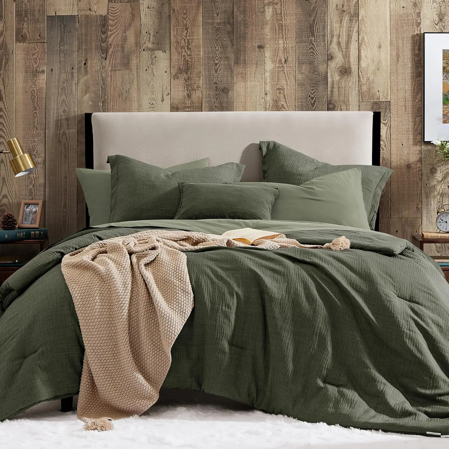 Dark Olive Green Queen Comforter Set - 7 Pieces Comforter Queen Size, Solid Bedding Set for All Season, Textured Bed in a Bag with Sheets, Quilt Set, Complete Bedding Sets