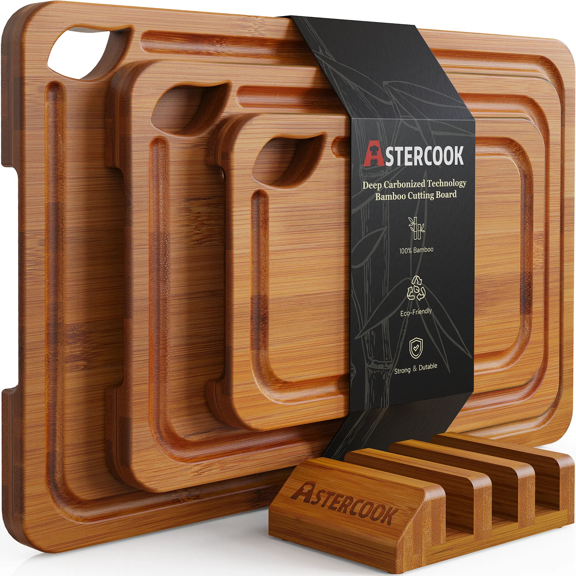 Astercook 4-Piece Bamboo Wood Chopping Board Set with Holder, Durable Antibacterial Protection Composite-Side Board, Secure Storage for Kitchen Use, Durable Chopping Boards