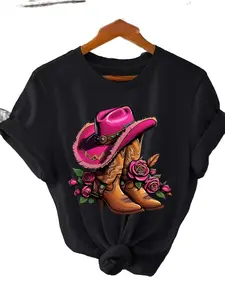 Women's Elegant Flower Cowboy Boots Pattern Printed T-Shirt - Pure Cotton Crew Neck Casual Top for Spring Summer Womenswear Essential Fabric Fits Style Tshirt Crewneck Streetwear Fitted