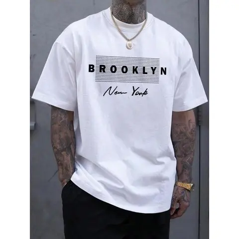 Men's Classic Cotton Short-Sleeve Round Neck T-Shirt - Menswear Regular Fit, 90s Print Detail, Bold Graphic Letter Print, Simple Fabric, Easy Layering Casual Streetwear Top for Daily Wear