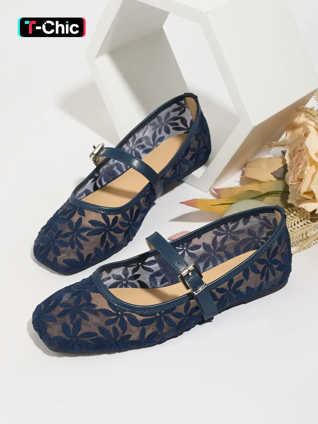 Women's Square Toe Ballet Flats, Floral Embroidery Hollow-Out Mesh Breathable Mary Jane Shoes, Summer Wide-Fit Flat Shoes, Embroidered Ballet Flats