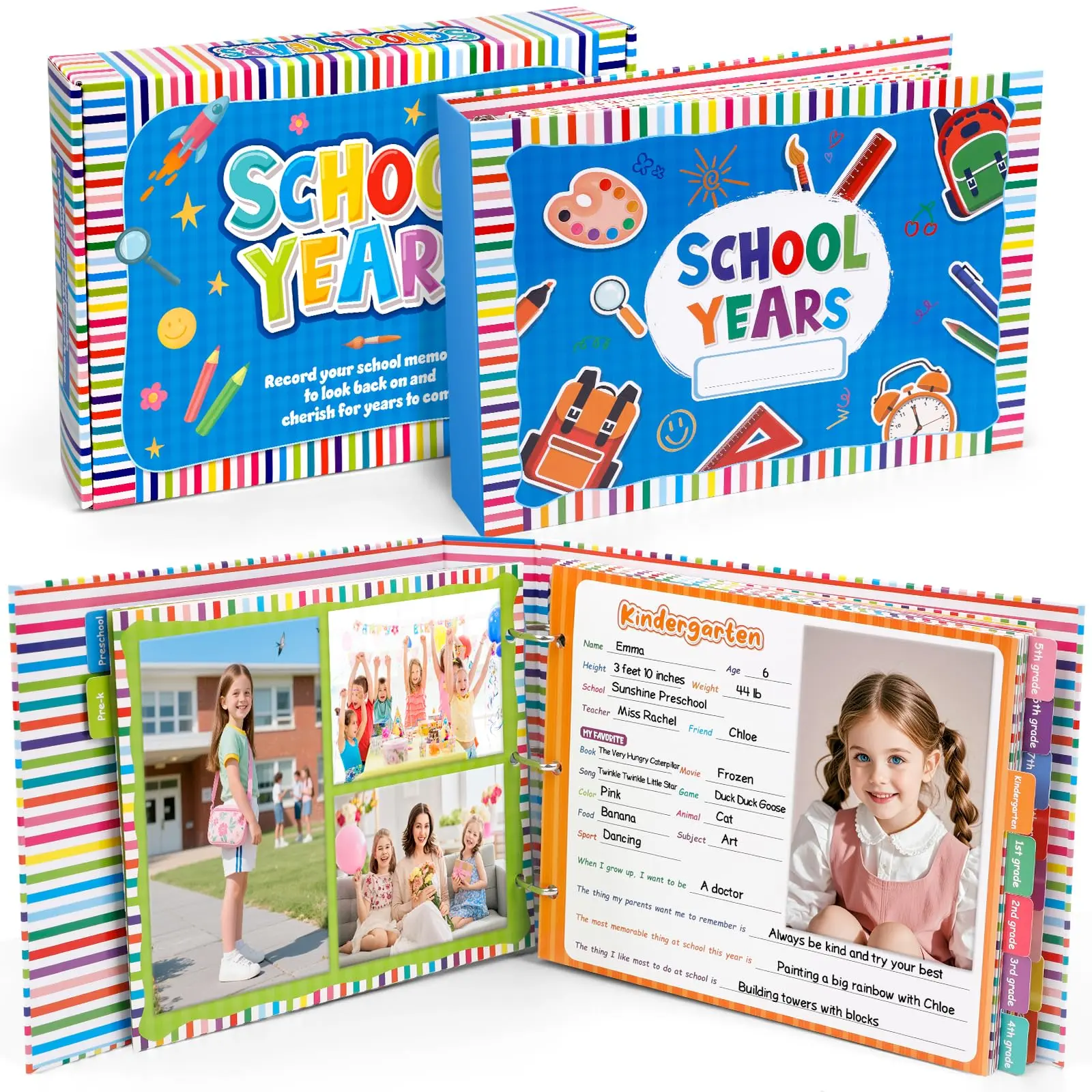 Kasfalci School Memory Book Scrapbook Binder - Photo Album with Keepsake Pockets, Scrapbook Materials for Preschool to 12th Grade, Picture Book for Photos to Record School Days, Back to School Supplies