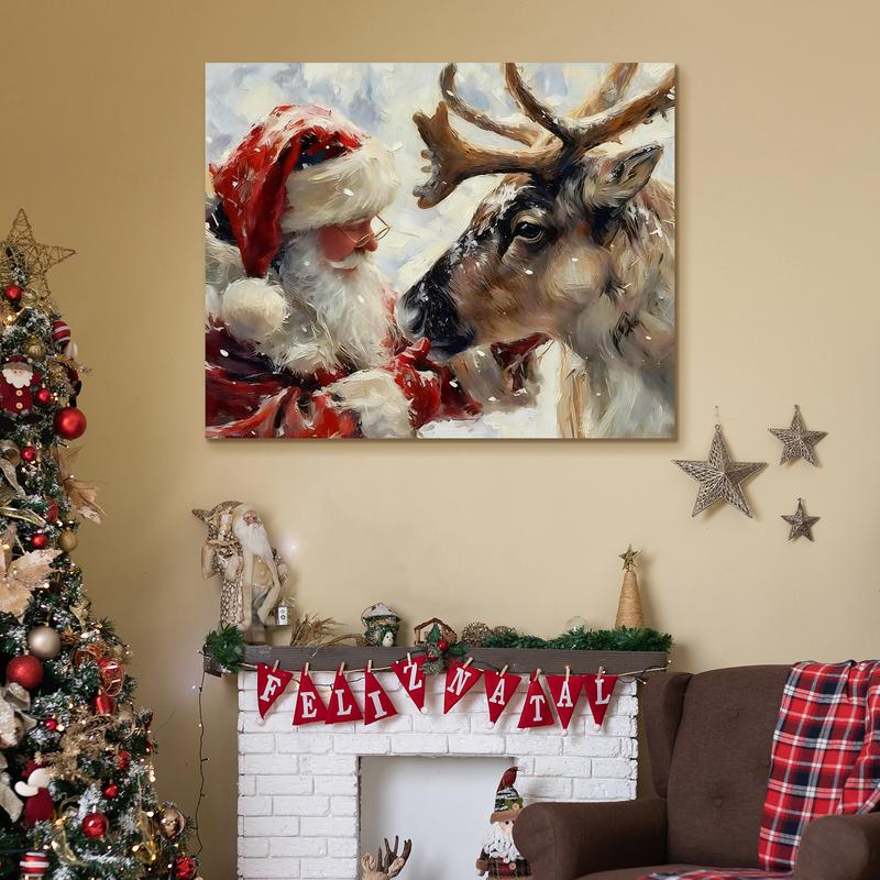 WiHoo Santa Claus Framed Vintage Christmas Canvas Wall Art Print, Rustic Winter Painting Christmas Pictures Wall Decor Christmas Gifts for Home Living Room Bedroom Decor Made in USA