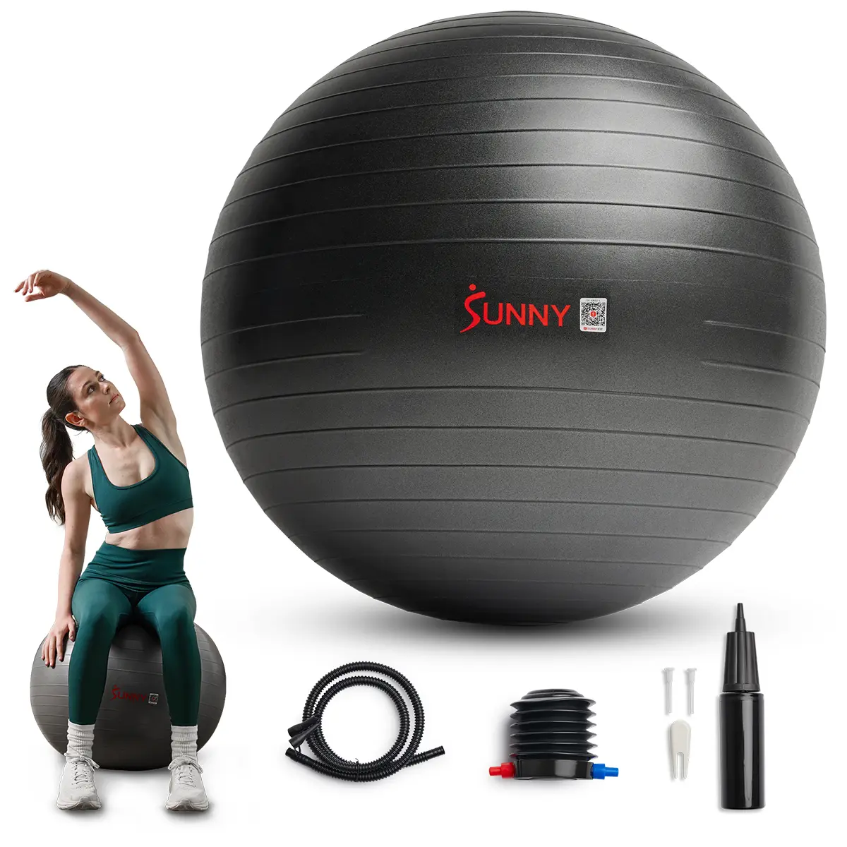 SUNNY Large Yoga Exercise Ball Home Gym Workout Fitness 29.5 in Anti-Burst 600 lbs Capacity Anti-Slip Texture Air Pump Included Core Strength Stability Trainer for Pilates Stretching Full Body Exercise Gymnastics Equipment Balance Training Home Use