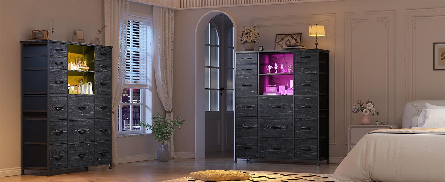 Raybee 15-Drawer Dresser with LED Lights & 4 Charging Ports Modern Storage Organizer for Bedroom Closet Entryway Black Chest Above 25 kg