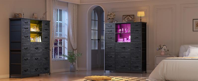 Raybee 15-Drawer Dresser with LED Lights & 4 Charging Ports Modern Storage Organizer for Bedroom Closet Entryway Black Chest Above 25 kg
