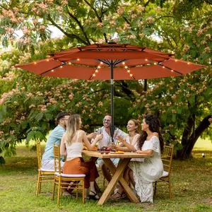 [30MPH Windproof] 9FT 3-Tiers Outdoor Patio Umbrella, UPF50+ UV Protection with 5-Year Fade Resistant Canopy, Vented Commercial Market Umbrella with 8 Sturdy Ribs, Push Button Tilt & Crank Handle – Pool, Backyard Shade (Base Not Included)