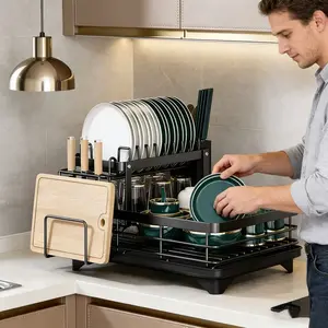 Two tier Stainless Steel Dish Oversink drainer Rack Storage organizer for dishes, knives,cutting boards,self-draining design, it keeps utensils dry and your kitchen tidy,rust-resistant build ensures long-lasting durability,spacesaver est ante de cocina