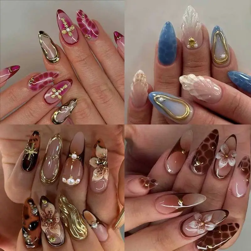 96pcs Medium Almond Press-On Nails Set, Glossy Acrylic Tips with 3D Gel Petals, Pearl Design, Storage Box Included, for Women & Girls