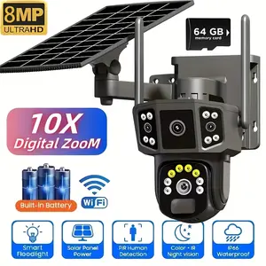 4K/8MP solar-powered outdoor security camera, 2.4GHz Wi-Fi, pan/tilt, dual lenses, PIR human detection, color night vision, two-way audio, home solar-powered security camera | wireless outdoor 355° panoramic view, IP66 waterproof.