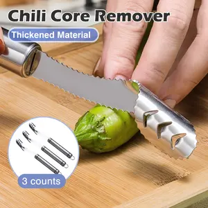 3 Counts chili core remover, kitchen tool for easy pepper seeding, made of durable steel to resist rust and simplify cleaning