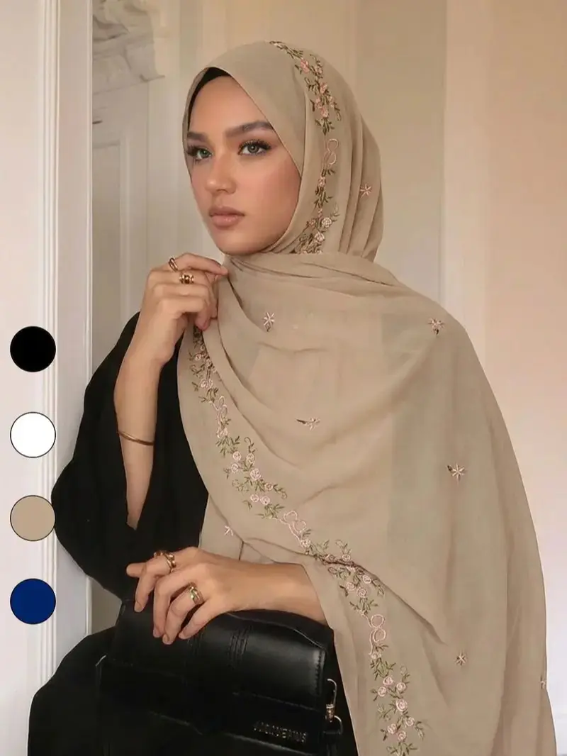 Women’s Chiffon Solid-Color Headscarf-Shawl, Breathable Floral Vine Embroidery, 1 Piece One Size All-Season Fashion Accessory for Women, Easy Modest Cover for Daily Outings, Every Day Gentle Look for Commute