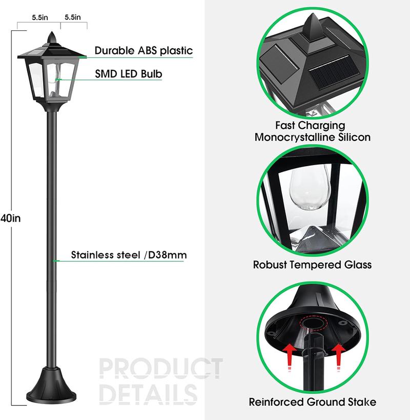 Sunface Outdoor Solar Lamp Post Lights 40-inch LED Waterproof Auto-On Dusk to Dawn for Garden Easy Install Energy Saving IP65 Durable