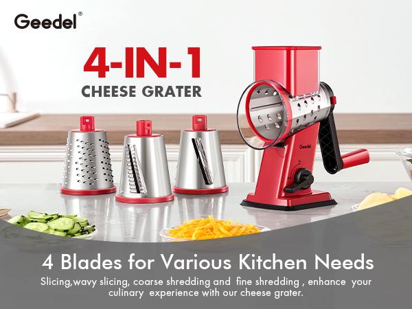 Geedel 4-in-1 Rotary Cheese Grater Multi-Purpose Kitchen Shredder with 4 Interchangeable Blades for Cheese Potatoes Carrots Cucumbers Nuts Chocolate Easy to Clean & Store Geedel 4-in-1 Rotary Cheese Grater Multi-Purpose Kitchen Shredder with 4 Interchangeable Blades for Cheese Potatoes Carrots Cucumbers Nuts Chocolate Easy to Clean & Store
