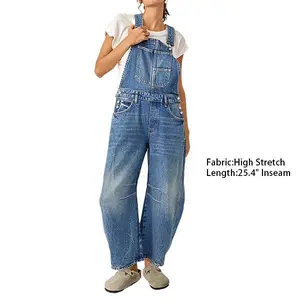 Flamingals Stitch Detail Button Side Barrel Leg Denim Overalls Casual Bohemian Boho Womenswear