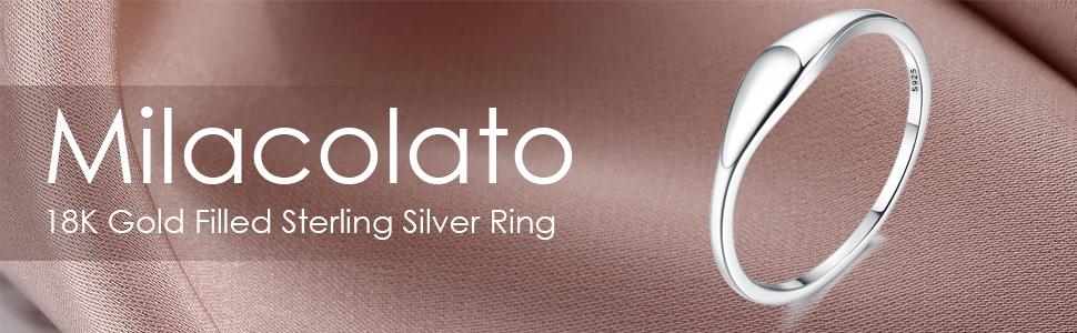 MILACOLATO 925 Sterling Silver Rings for Women 18K White Gold Plated Dome Oval Plain Signet Rings Tarnish Resistant Stackable Statement Band Thumb Rings Comfort Fit Size 5-10
