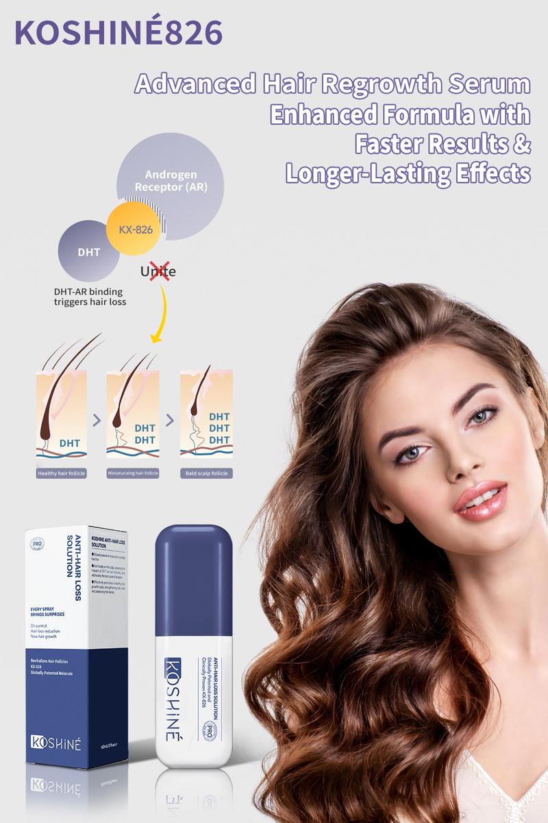 KX-826 DHT Blocker Hair Growth Spray – Patented, clinically proven, blocks DHT at the scalp without affecting hormones. For men & women. 0.9% & 0.5% formulas, 30ml & 60ml. Controls oil in 3 days, reduces hair loss in 1-2 weeks, growth in 4-6 weeks.