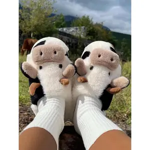 Women's Cute Cozy Fuzzy Plush Cow Slippers, Matching Soft Comfortable Fluffy House Slippers, Warm Slippers for Indoor & Outdoor Use for 2023 Fall & Winter