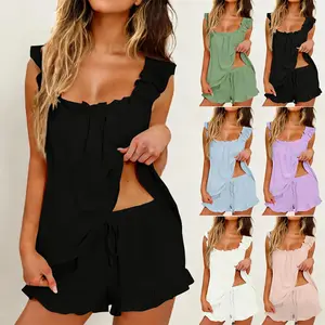1Set of 2-Piece Women's Ruffle Pajama Set - Soft Tank Top & Shorts Sleepwear - Spring Summer Bridal Lounge PJs