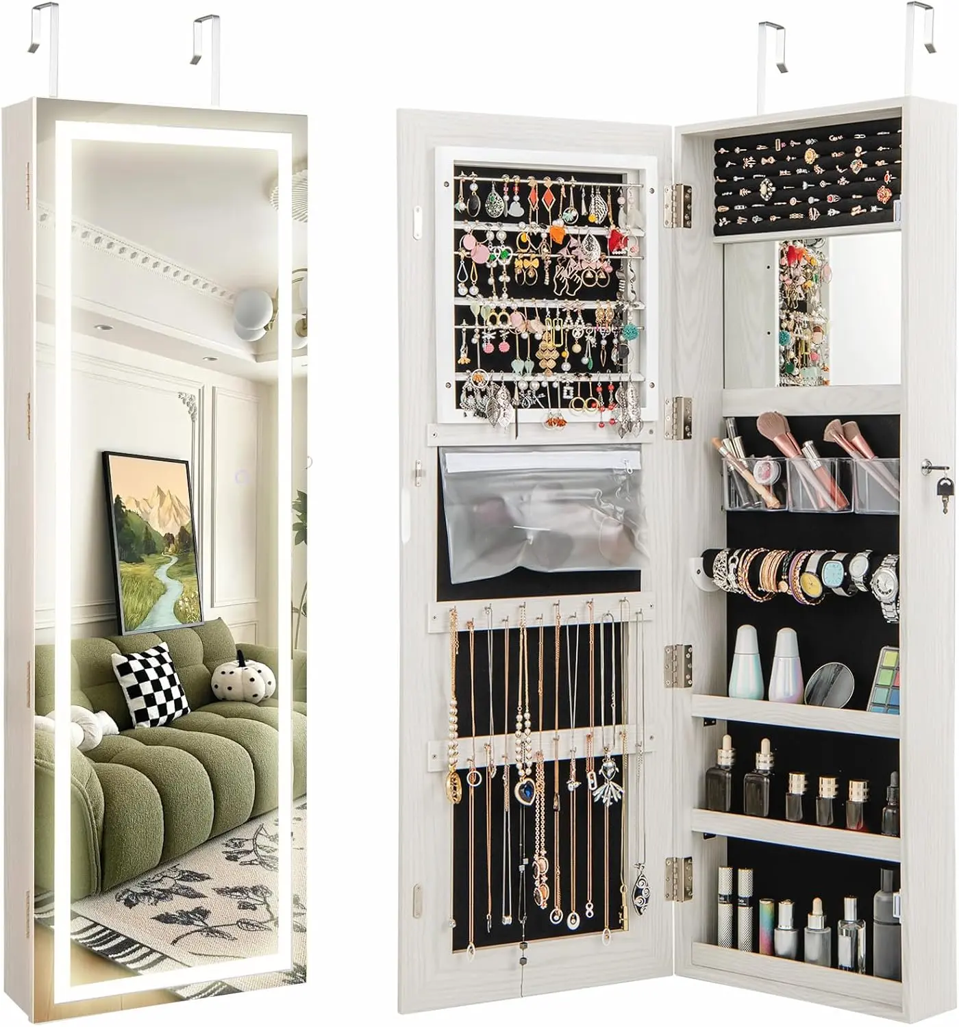[Valentine’s Day Gift] COSTWAY Jewelry Cabinet Armoire Door Wall Mount, Lockable Touch Screen Lighted Full Length Mirror, 3 Lighting Settings, Inside Makeup Mirror, Jewelry Storage Box Organizer