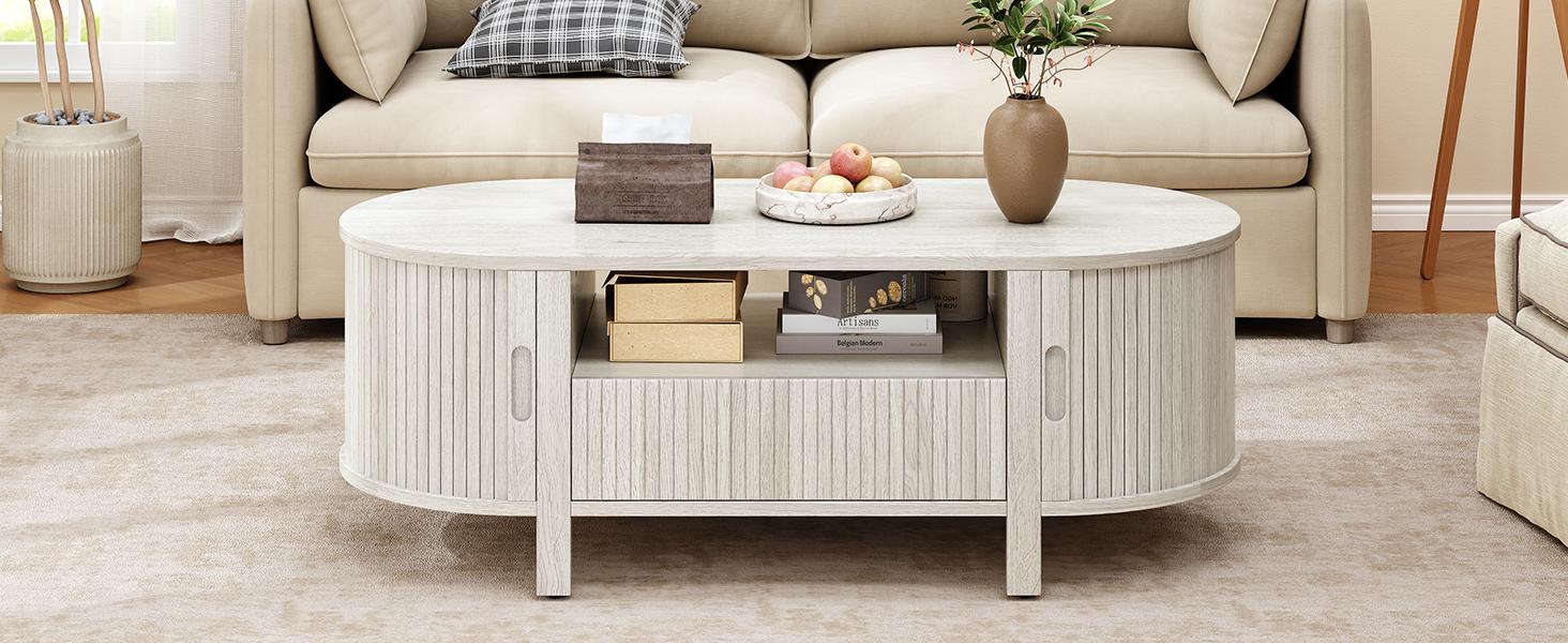【SPOTLIGHT DAY】ONBRILL 47.2'' Oval Coffee Table With Storage, Fluted Accent Center Table With Draw And Sliding Tambour Doors