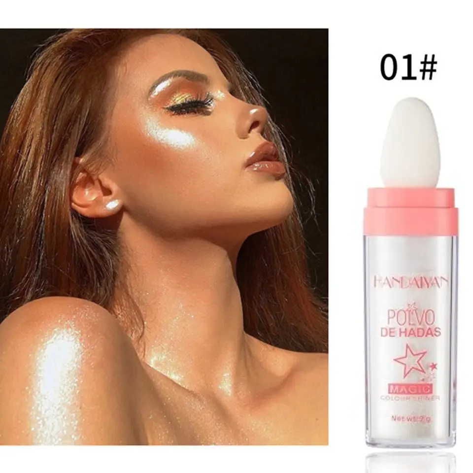 Shimmering Highlighter Powder with Smooth Soft Makeup Sponge Head, Long-Lasting White Pearlescent Shimmer & Pink Glowing Body Glow Highlighters & Luminizers for Nose Contouring, Party Makeup Products, Glowing Makeup BacktoSchool