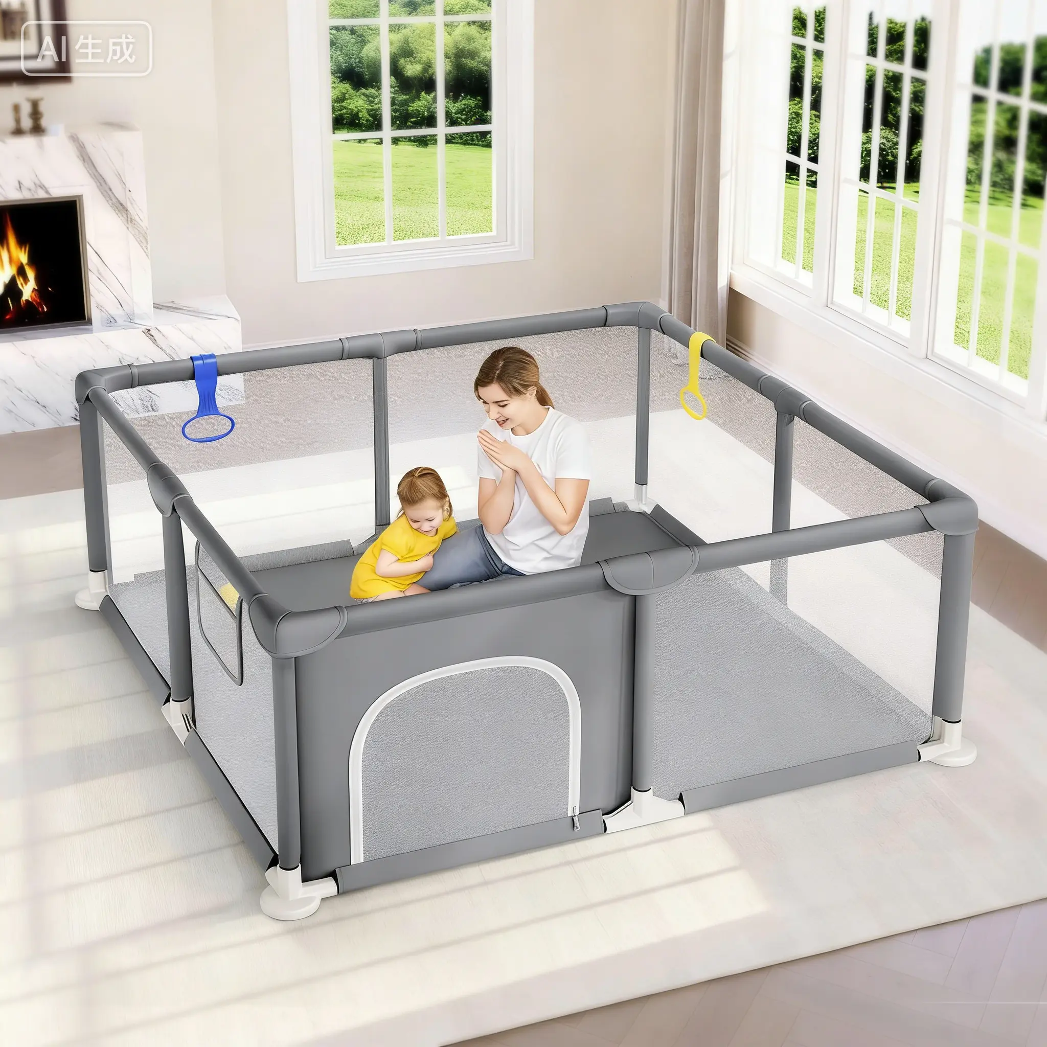 Grey Square Baby Playpen - 50×50 in Medium Oxford Floor Playpen, Enhanced Safety, Soft Breathable Transparent Mesh, Anti-Fall Design, Easy Setup for Indoor & Outdoor Use
