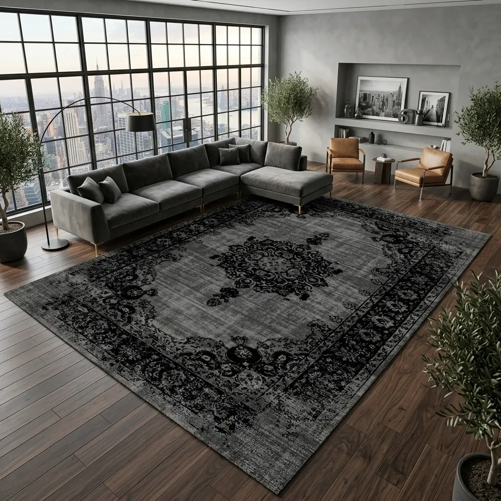 RUGIXE Machine Washable Vintage Black Area Rug 8x10 5x8 4x6 ft, Distressed Medallion Soft Velvet Low Pile Rug with TPR Non Slip Backing, Comfortable Durable Wear Resistant Persian Floor Carpet for Living Room Bedroom Dining Entryway