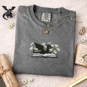 Embroidered Comfort Colors Dragon and Daisies T-Shirt, Comfort Colors Floral Tee, Cute Fantasy Reader Shirt, Cozy Gift for Book Club Librarians