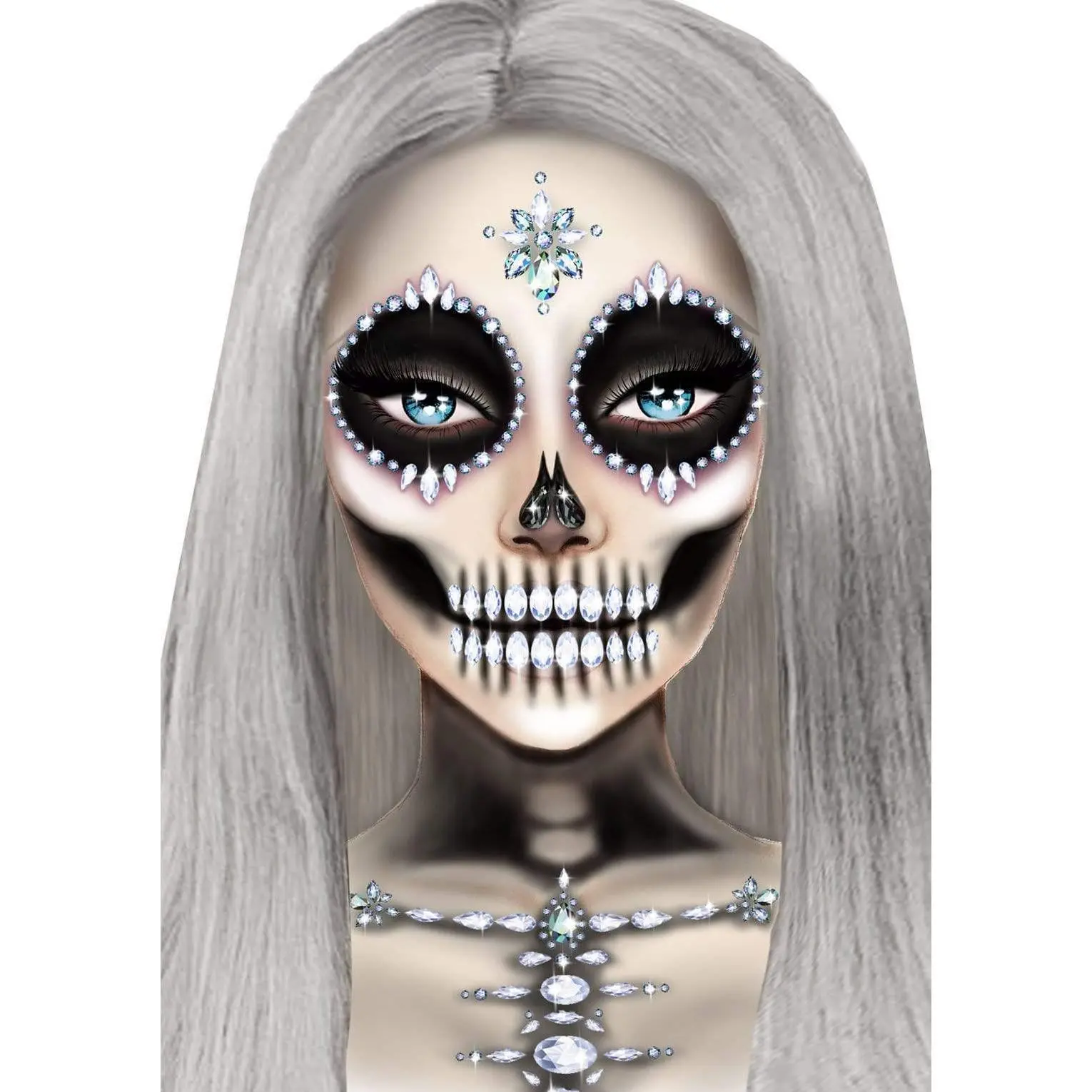 Skeleton Rhinestone Face & Body Jewels, Strong Adhesive Stick-On Metal Gems, High Sparkle Reusable for Halloween Costumes, Raves, Halloween Aesthetic, All Skin Types Adults Fashion Accessories