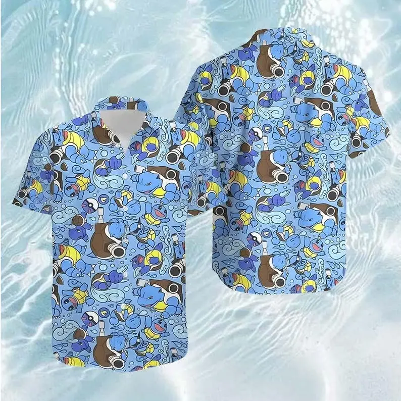 Blue Water Turtle Hawaiian Shirt, Cute Aquatic Monster Button Up, Summer Beach Cartoon All Over Print Shirt
