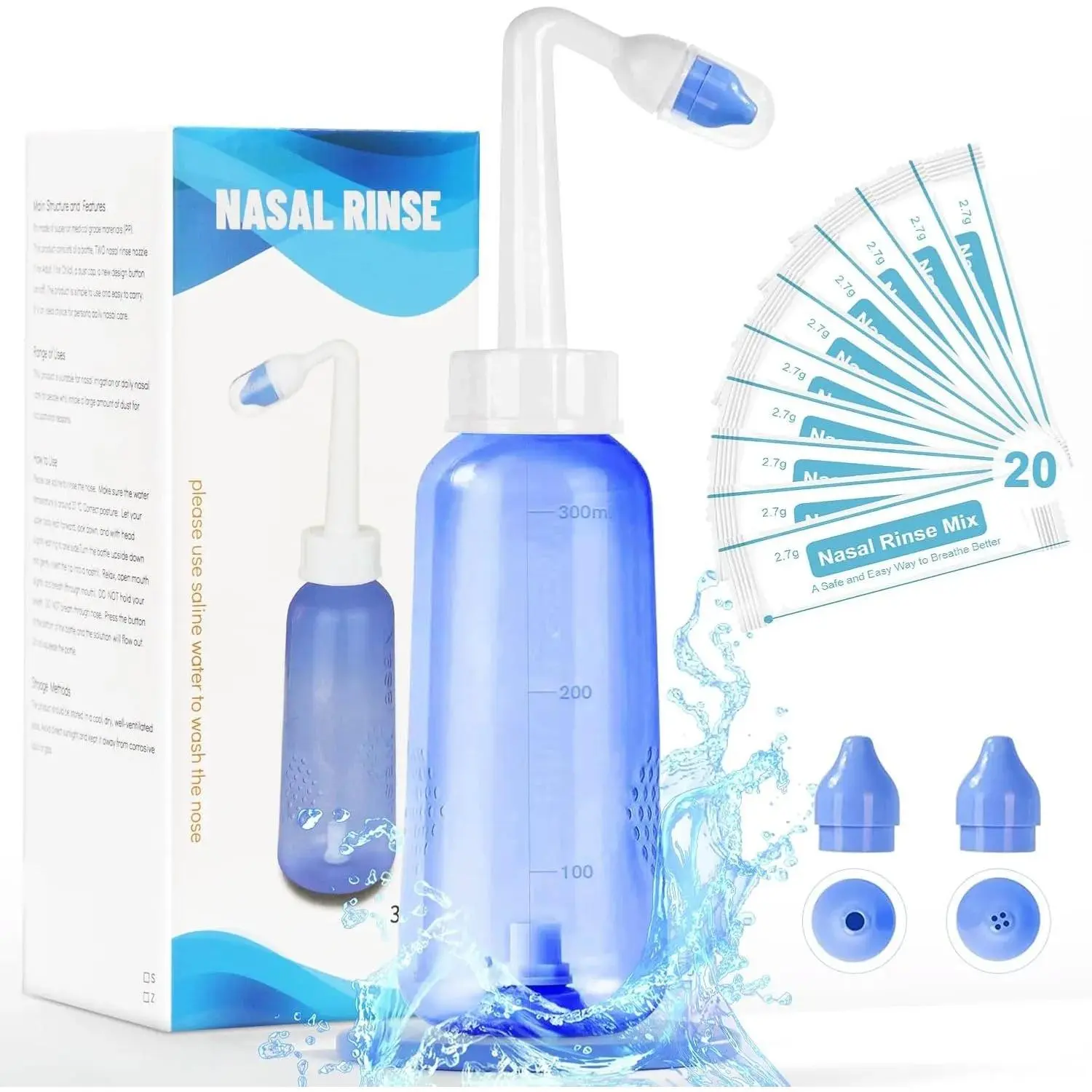 300 ML Tin Canister Neti Pot Sinus Cleaner - Gentle Saline Formula Nasal Cleanser, Saline Rinse with Button Control, Automatic Valve, Transparent Bottle & 20 Nasal Wash Salt Packets for Congestion Relief