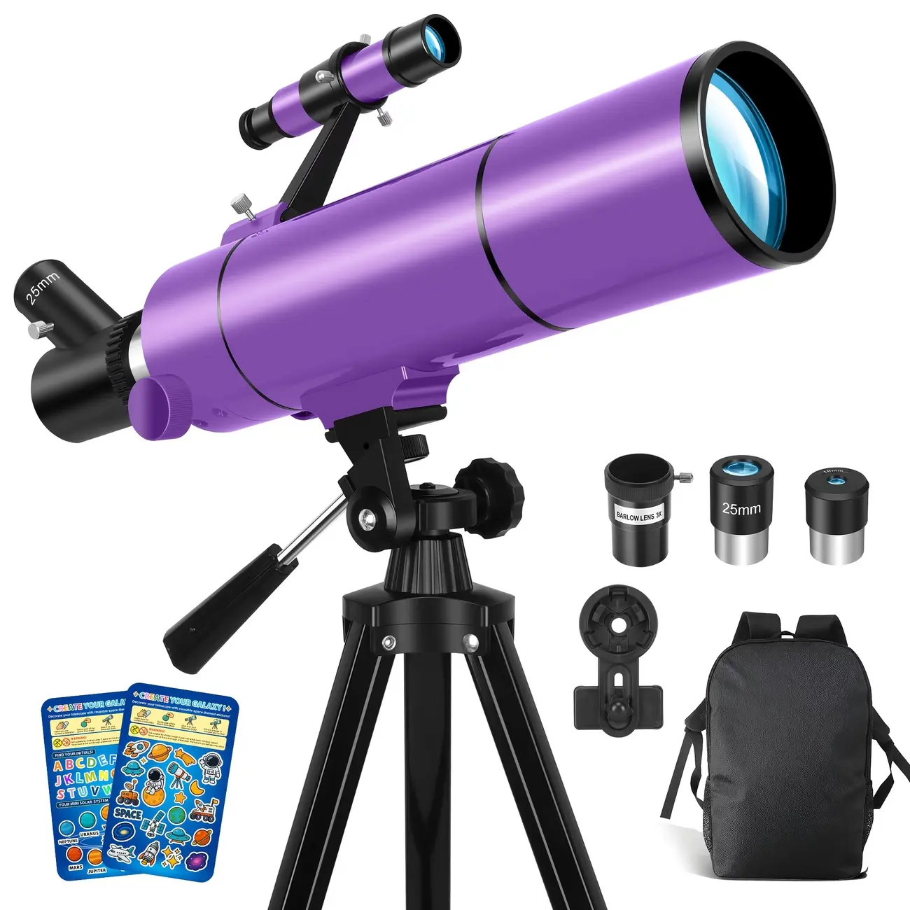 80mm Portable Refractor Telescope with 500mm Focal Length – Beginner Astronomy Scope with Phone Adapter, Learning Materials & Space-Themed Stickers Teaching Supplies Casual Backpack