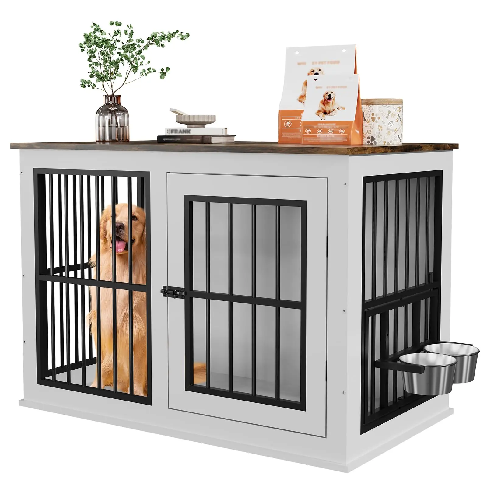 Garvee 40" Iron & Wood Dog Crate with Heavy Duty Metal Frame, Liftable Top, Includes 2 Stainless Steel Bowls, Doubles as End Table or TV Stand for Large and Medium Dogs
