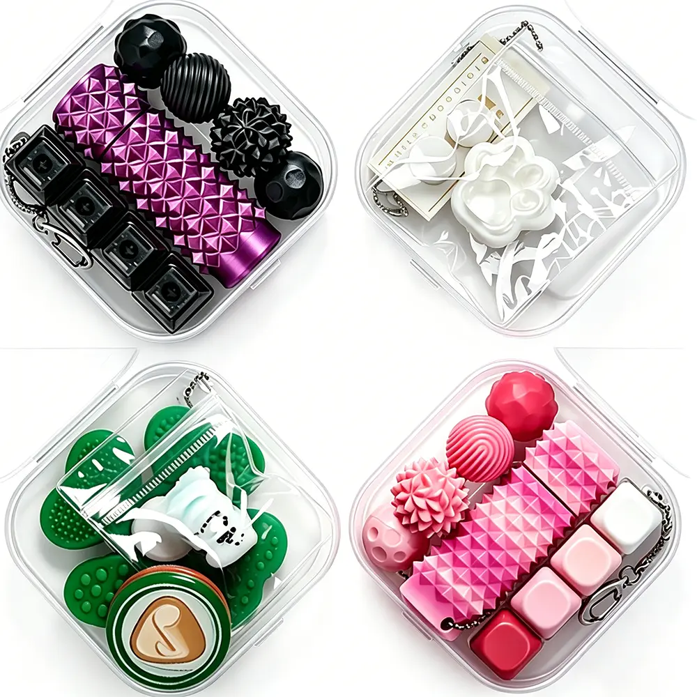 3-Piece Fidget Box,Stress Relief Toys,Sensory Products,Squishy,3D Printed Spiky Grippie,Spinner,Keyboard Fidget Cliker ,Magnetic Click Coin&Chocolat Snap,Fidget box for kids,Perfec for office
