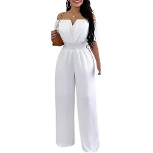 2025 off-Neck Waist Trimming Loose Straight Jumpsuit Women's V-neck All-Matching Work Pants Piece White Summer Casual Can be used with a raincoat