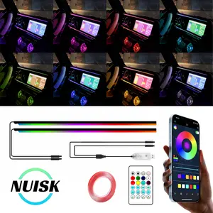 NUISK LED Color Cold Light Wireless Car Atmosphere Lamp 110cm+110cm Remote Control Rechargeable USB Plug 6000 Colors APP Control for Car Dashboard 12V Acrylic 200g