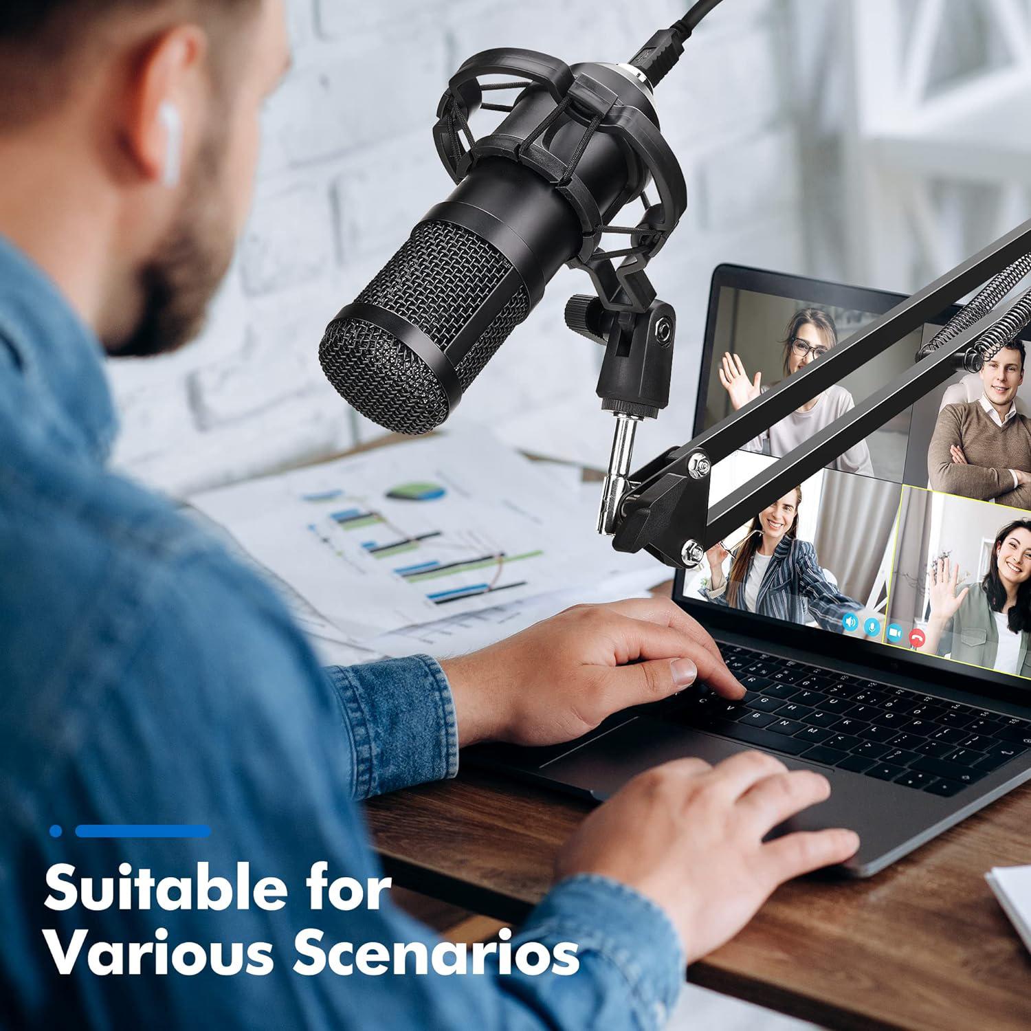 USB Microphone,Professional Microphone 192kHz/24Bit Plug & Play PC Computer Microphone Condenser Cardioid Mic Kit with Adjustable Boom Arm Stand Shock Mount,for Podcast,Streaming,Studio Recording