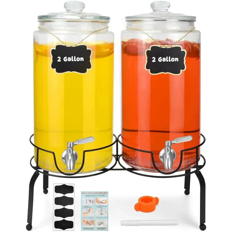 2 Gallon Beverage Dispenser 2 Pack, Stainless Steel Spigot Drink Dispenser for Parties with Stand, Clear Glass Drink Container Easy to Refill and Clean,dorm essentials,home decor