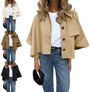 LAICIGO Womens Oversized Cropped Trench Coats Single Breasted 3/4 Cape Sleeve Trendy Casual Jackets Button up Outerwear