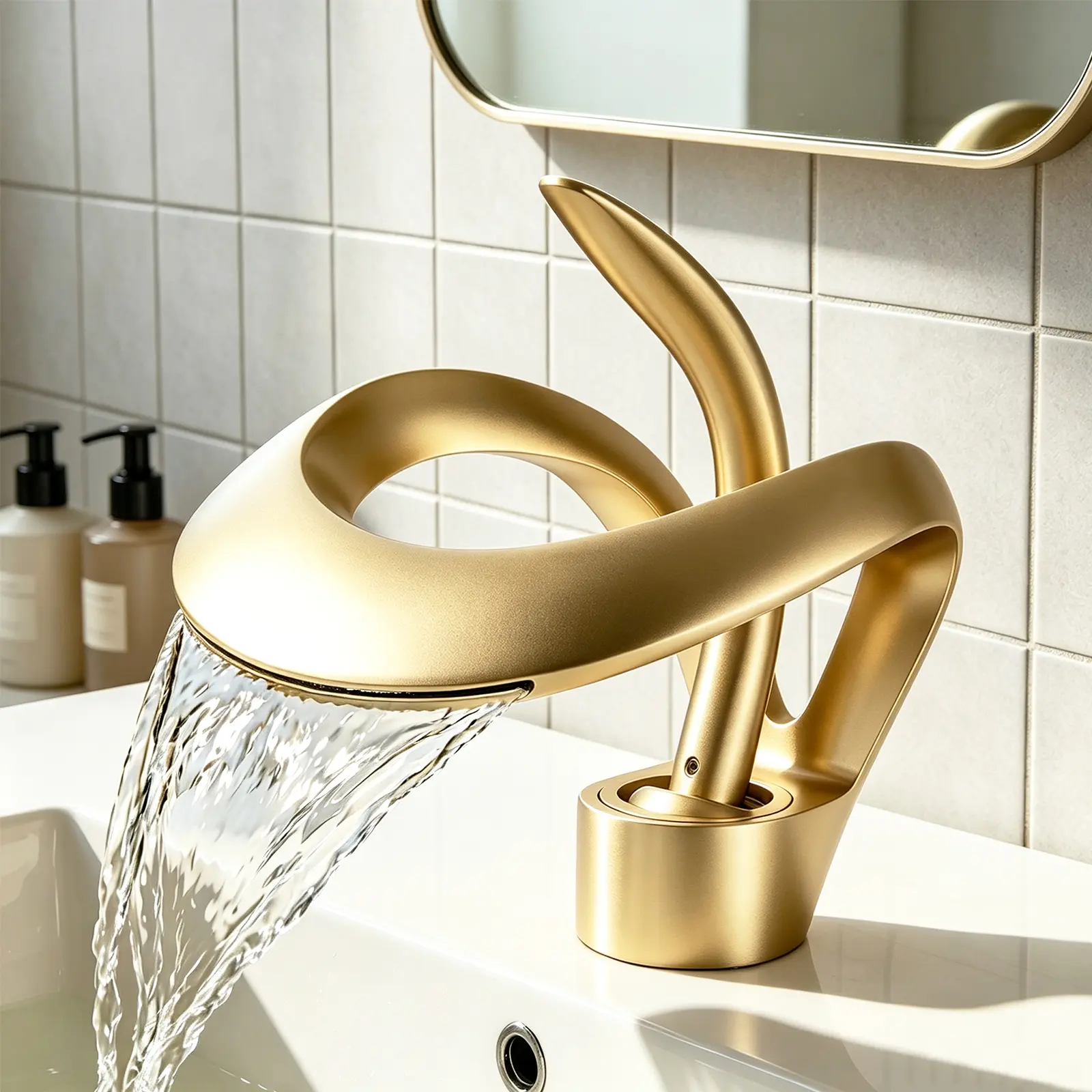 Modern Waterfall Bathroom Sink Faucet, Brushed Gold Finish Single Lever Vanity Faucet, Lavatory Basin Mixer Faucet for Home Bathroom Counter Sink