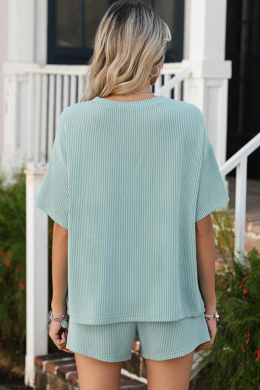 Mntaor Women's 2 Piece Sets Ribbed Textured Knit Casual Short Sleeve Top and Shorts Set