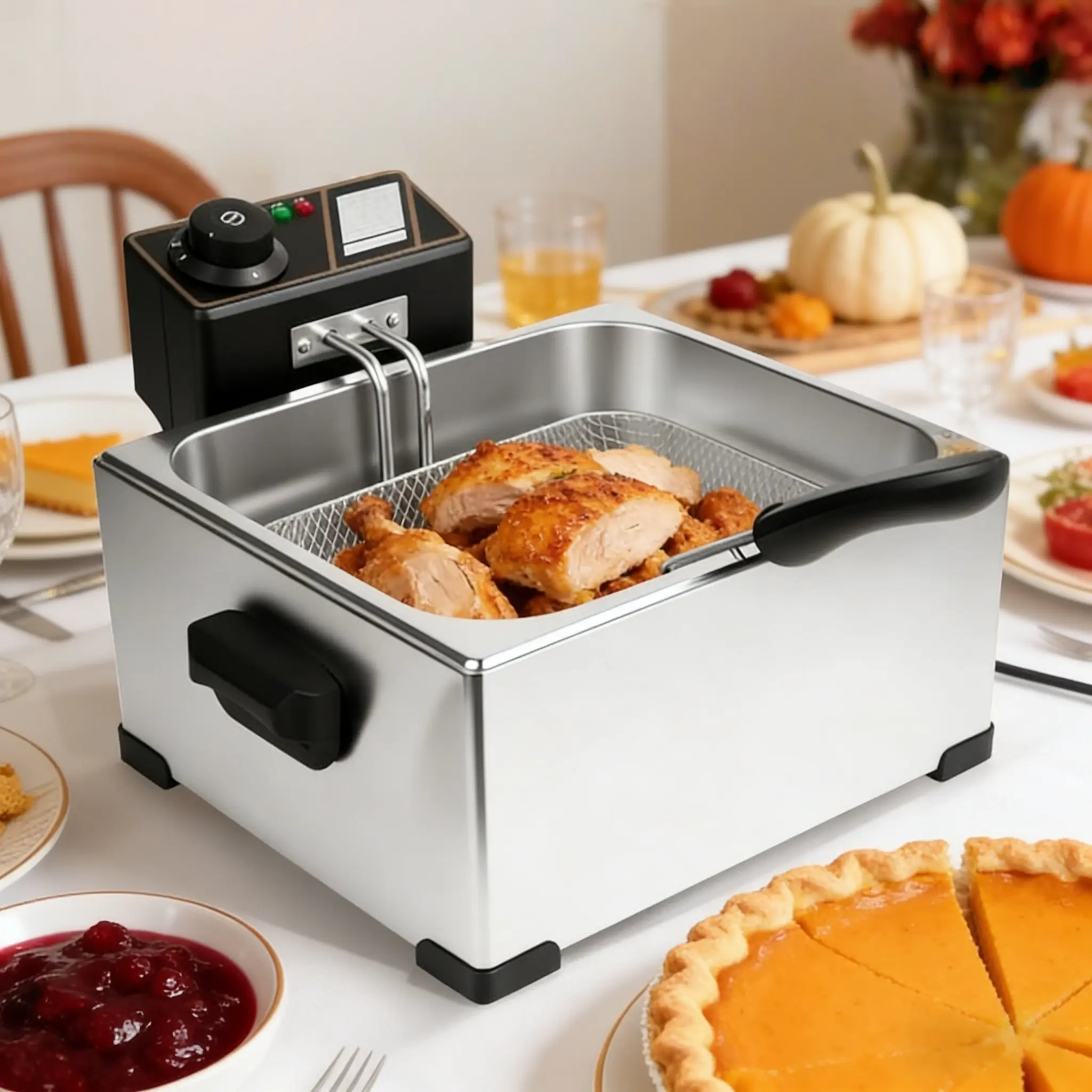 Multi functional desktop fryer, made of stainless steel material, with 1400W fast heating and modern intelligent temperature control. Cooking fried food is super simple and suitable for daily fried chicken, french fries, and snacks