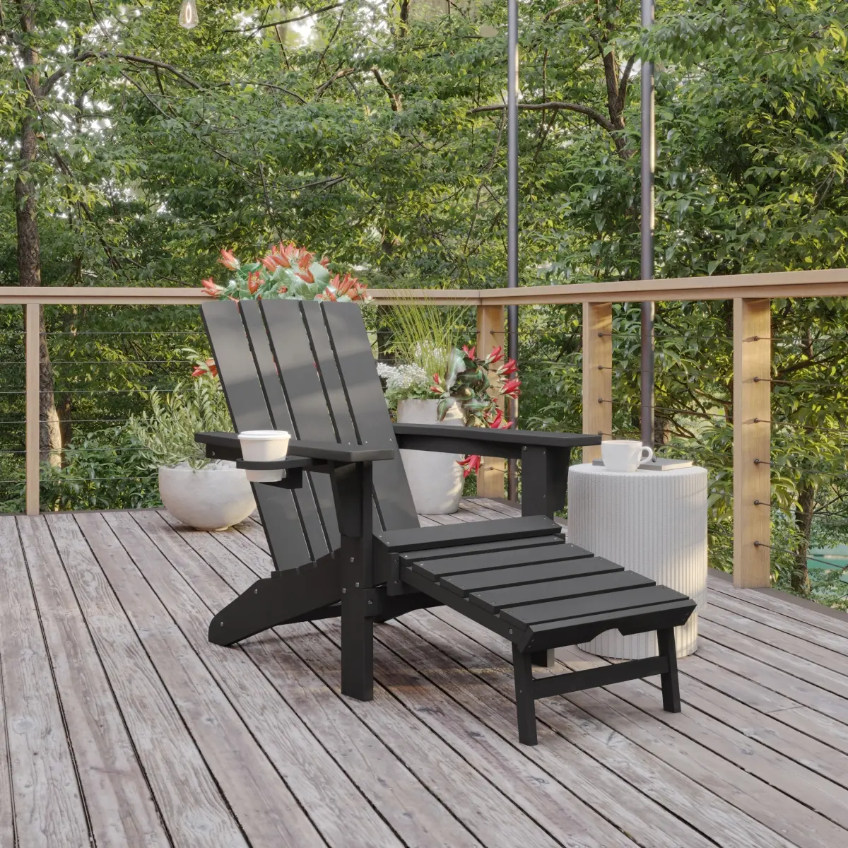 Flash Furniture LE-HMP-1045-110-GY-GG Halifax HDPE Adirondack Chair with Cup Holder & Pull Out Ottoman, All-Weather HDPE Indoor & Outdoor Lounge Chair in Gray
