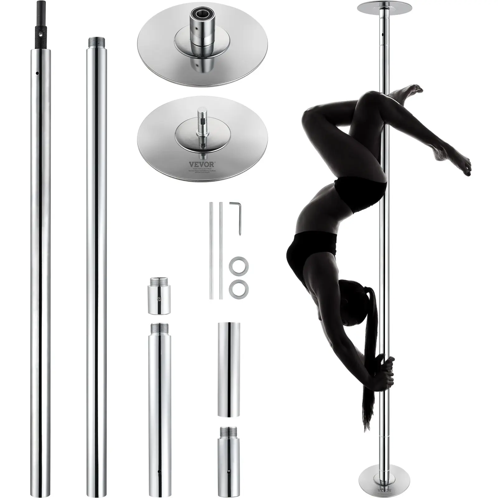 【Summerfinds】VEVOR 45mm Heavy-Duty Stainless Steel Dancing Pole Kit, 200kg Capacity, Ceiling-Free Setup, Dual Mode Spinning & Static Gear, Portable Removable Height-Adjustable Silver Unisex Gymnastics Equipment with Rubber Parts for Home Gym