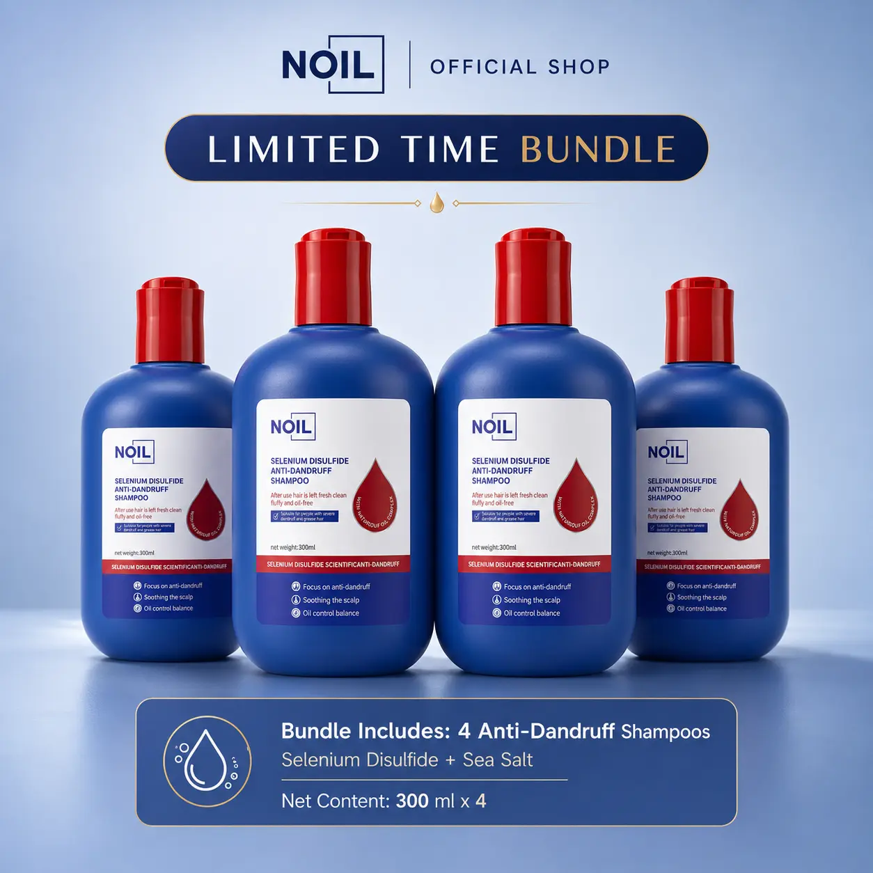 NOIL 0.5% Selenium Disulfide Anti-Dandruff Shampoo 4-Pack | Family Size · Deep Clean, Soothes Itchy Scalp & Controls Oil | Sea Salt Fresh Formula