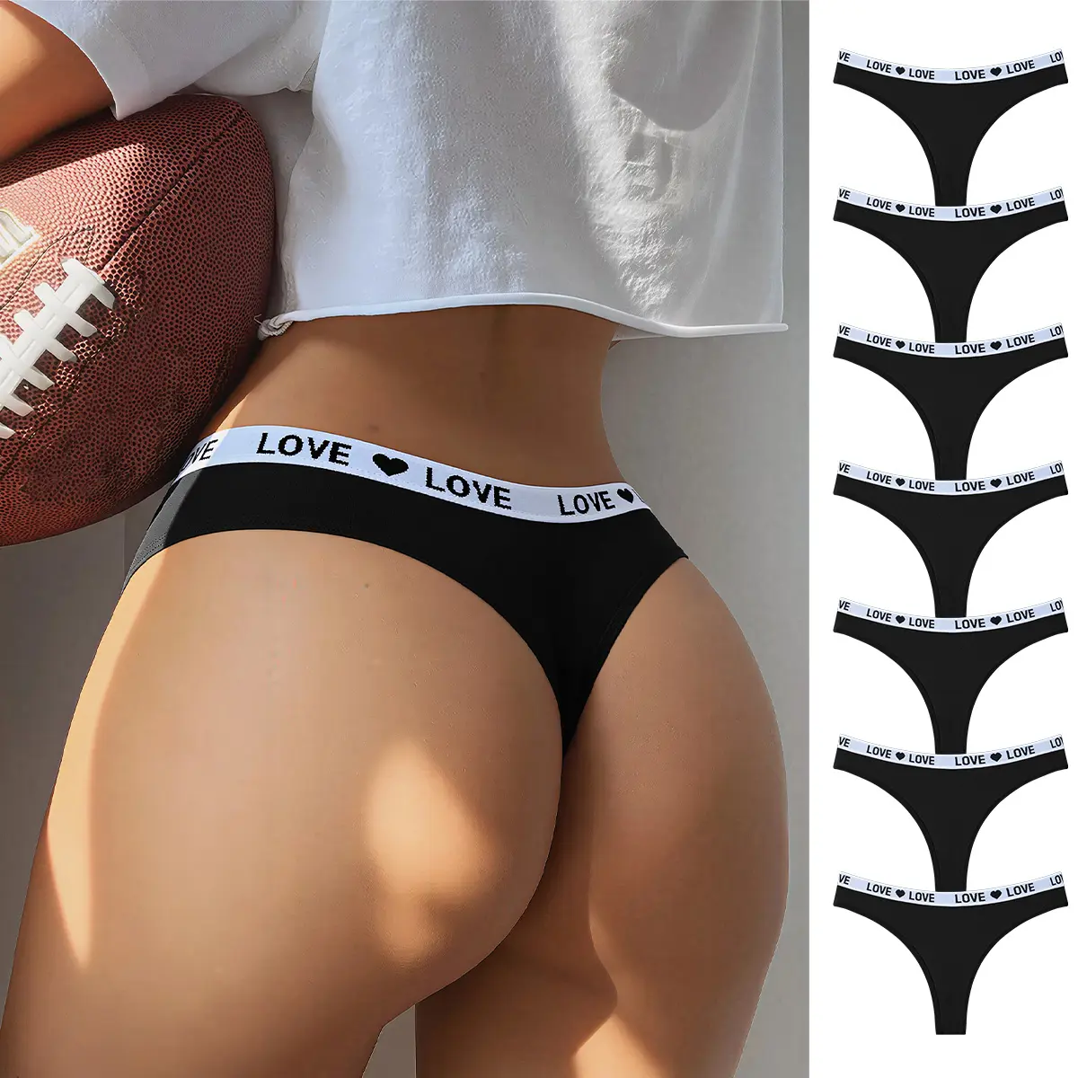 Hotcom Women's Plus Size 7pack(black color) Minimalist Soft Panties Set - Seamless Undergarment, Low-Rise Fresh Cotton Lingerie with Love Band, Fit Athletic Knickers for Daily & Active Wear, Bridal Option