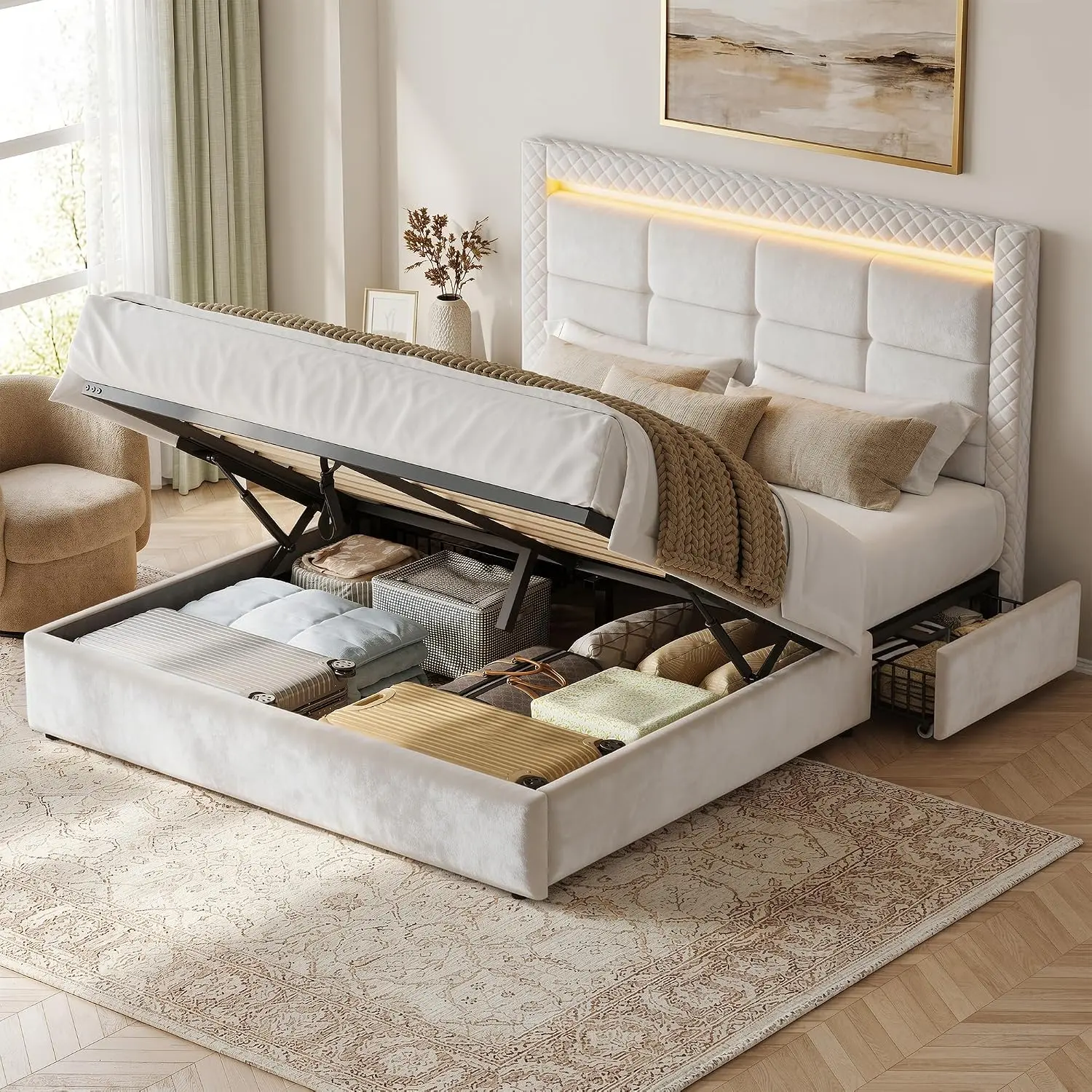 Raybee Full Queen Size Lift Up Storage Bed Frame, 2 Drawers & LED Lights, Lifting Platform Bed Frame with Velvet Upholstered Headboard, Low Profile Design for Modern Comtemprary Home Decor, Space Saving for Apartment, Bedroom, Condo