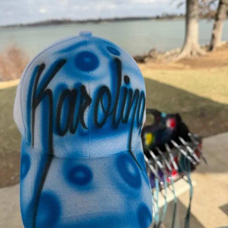 Airbrush Hat One Word - blue  circles Baseball Cap with Custom Name Design