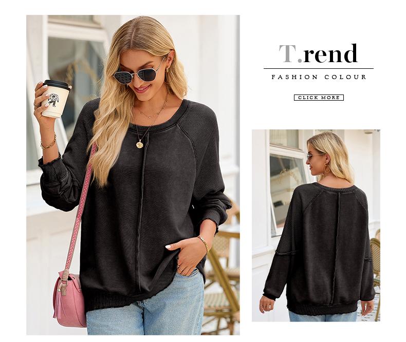 Shewin 2026 Cozy Distressed Waffle Knit Sweatshirt Women’s Long Sleeve Pullover Soft Layering for Casual Daily Leisure Looks Ultra-soft Lightweight & Breathable Tie-Dye Fabric - Womenswear